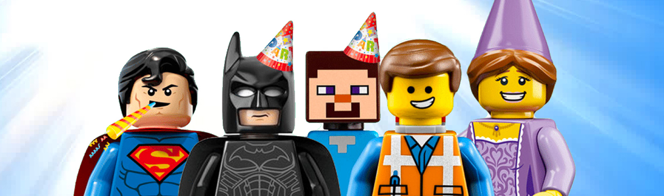 Minifigures wearing birthday party hats